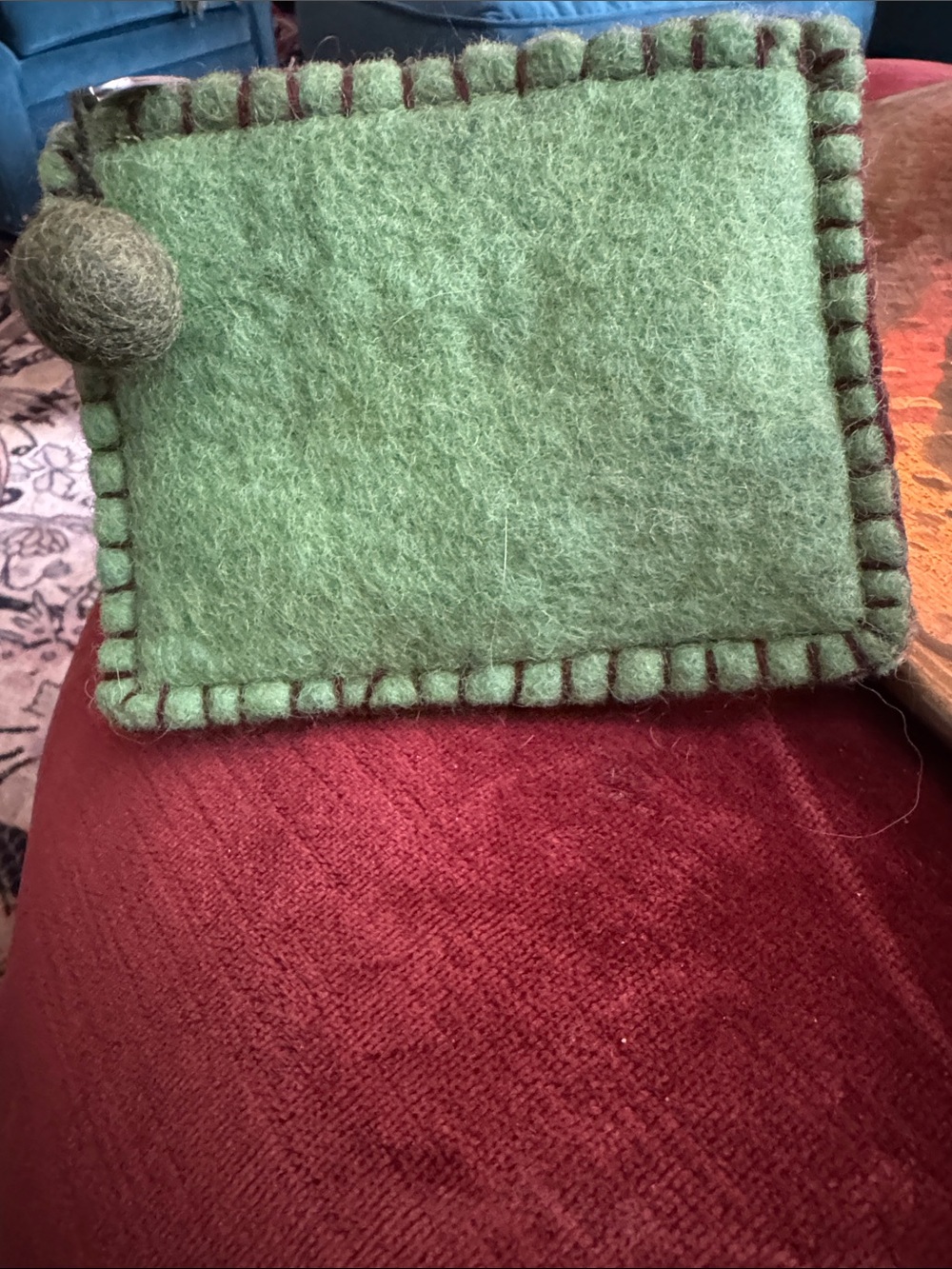 Source Unknown Light Green Felt Wallet with Dark Trim and Pom
